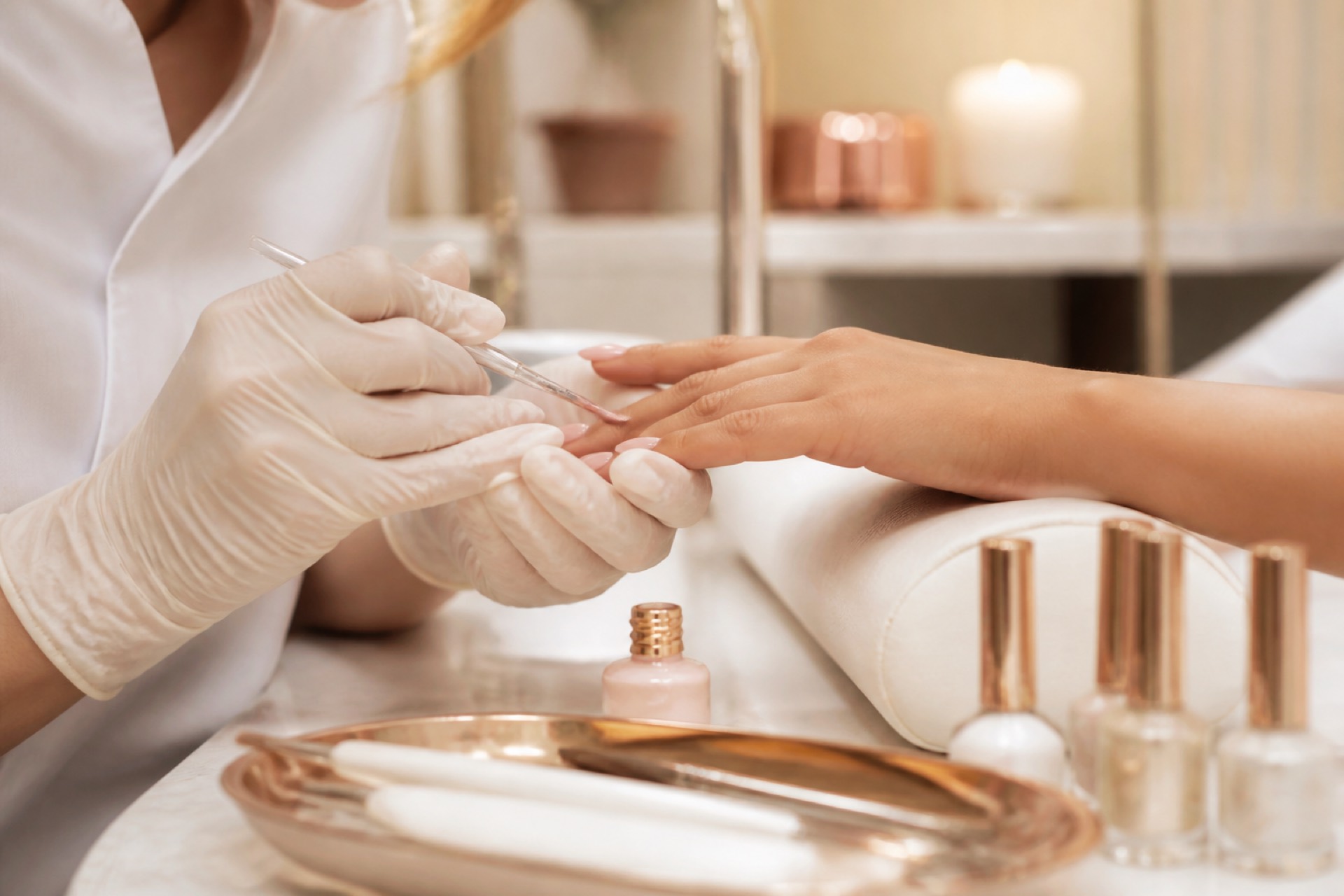 Professional nail technician manicure and gel finishing